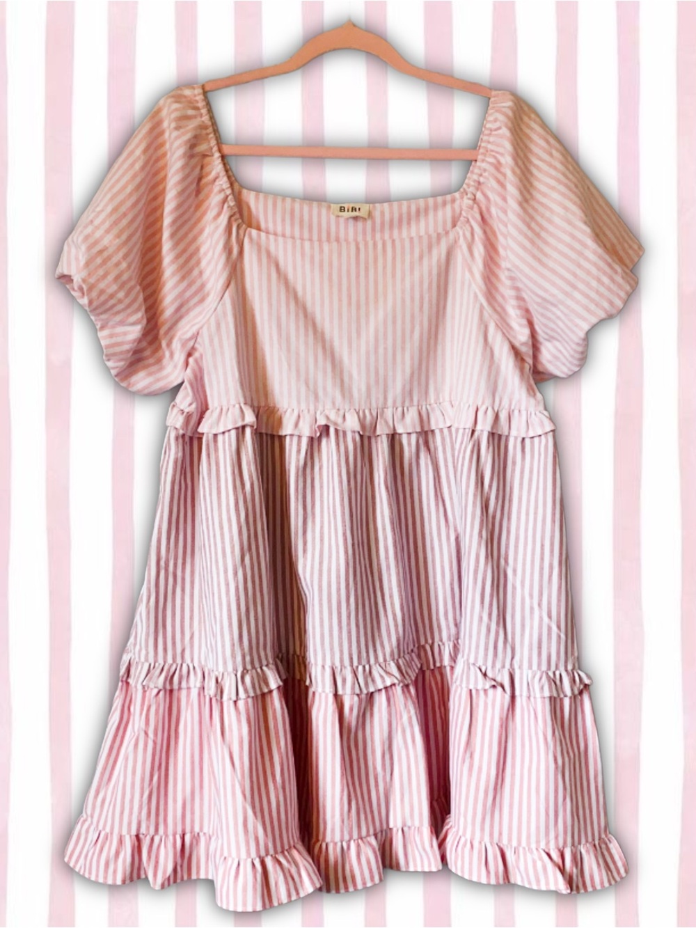 BiBi Cute Pink Pastel Stripe Ruffle Tier Puff Sleeve Babydoll Summer Dress Sz XL